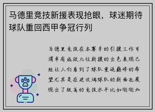 马德里竞技新援表现抢眼，球迷期待球队重回西甲争冠行列