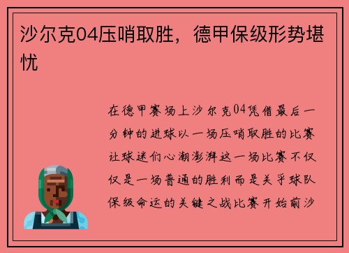 沙尔克04压哨取胜，德甲保级形势堪忧